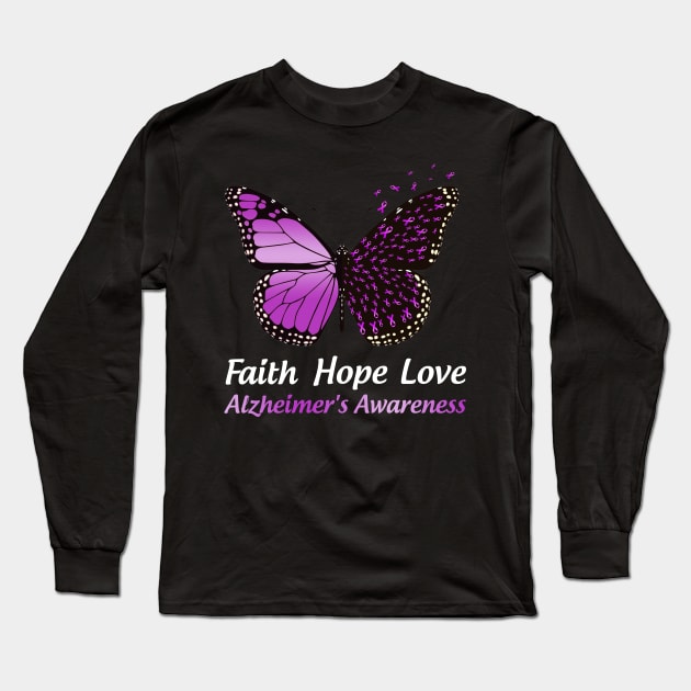 Faith Hope Love Butterfly Alzheimer's Awareness Long Sleeve T-Shirt by Margaretsantana